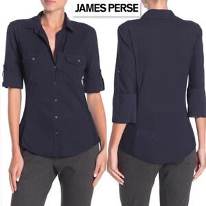 Standard James Perse Women Button Down Top 4 Blue Ribbed Contrast Capsule Luxury
